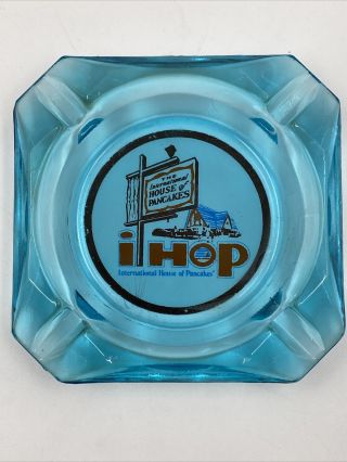 Vintage Ihop The International House Of Pancakes Blue Glass Ashtray 3 1/2 "