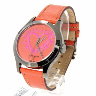 Nwt Coach X Keith Haring Heart Orange Leather Strap Maddy Watch - W1296