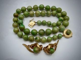 Two Antique/vintage Chinese Carved Apple Green Jade Beads Necklace & Earrings
