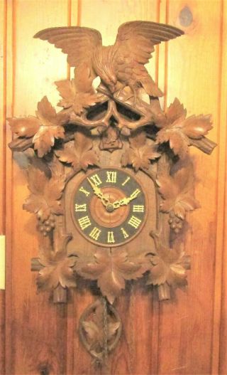 Antique Cuckoo Clock Finely Carved With Eagle Headpiece,  3lb Weights Ca.  1890s