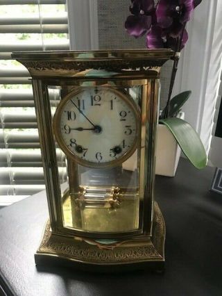 Ansonia Brass Crystal Regulator Clock,  Double Barrel Pendulum,  C.  1900