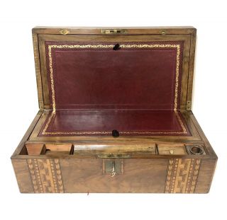 Antique Victorian Tunbridge Ware Writing Slope Box With Key & Secret Drawers