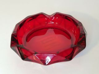 Vintage Ruby Red Ashtray Thick Glass Mcm Dodecahedron Shape - Engraved " Mom "