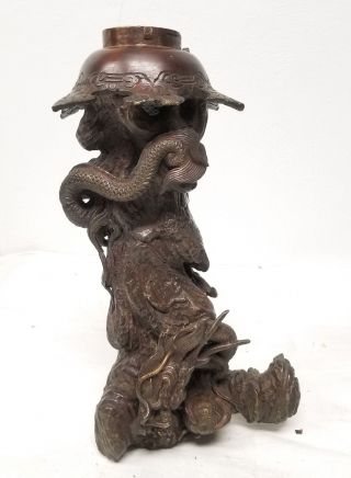 Antique Japanese Bronze Dragon Pearl Vase Stand Base Meiji Lamp Figural