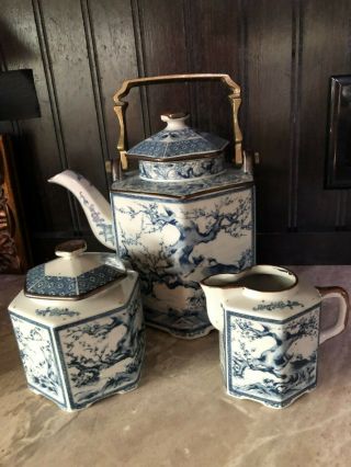 Vtg Dolphin China Dynasty Blue/ White Porcelain Hexagonal Tea Set Sugar Cr Japan