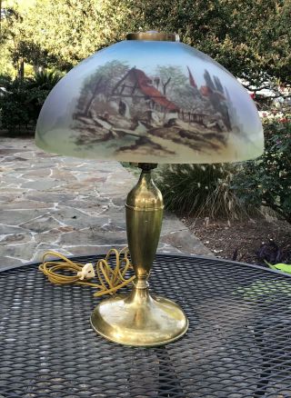 Early 1900s Antique Pittsburgh Reverse Painted Scenic Table Lamp Handel Era