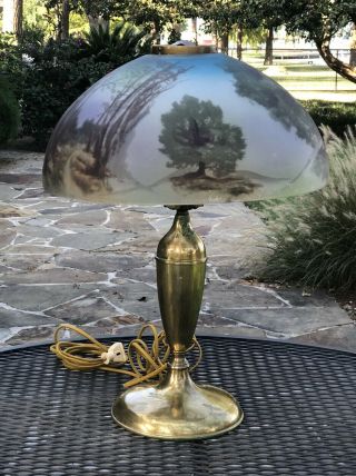Early 1900s Antique Pittsburgh Reverse Painted Scenic Table Lamp Handel Era 3