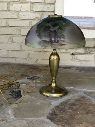 Early 1900s Antique Pittsburgh Reverse Painted Scenic Table Lamp Handel Era 4