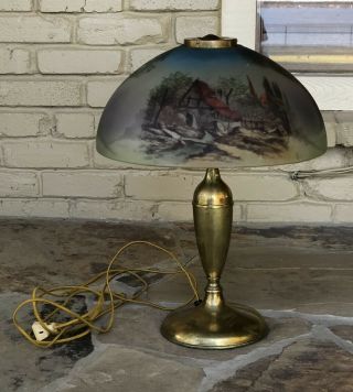 Early 1900s Antique Pittsburgh Reverse Painted Scenic Table Lamp Handel Era 5