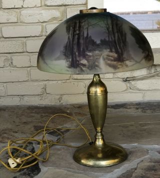 Early 1900s Antique Pittsburgh Reverse Painted Scenic Table Lamp Handel Era 6