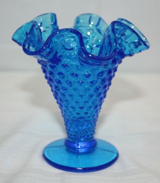 Vintage Fenton Cobalt Blue Hobnail Glass Double Crimped Footed 4 " Vase