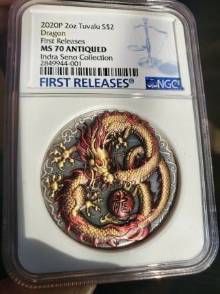 2020 Tuvalu Dragon 2 Oz Silver High Relief Antiqued Colored Coin Ms70 Ngc
