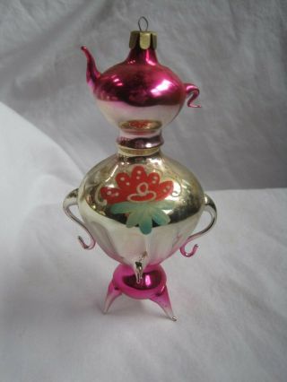 Vtg Blown Glass Hand Painted Russian Samovar Double Tea Pot Christmas Ornament