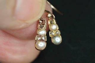 Best Antique Victorian 9ct Gold,  Rose Cut Diamonds & Seed Pearl Earrings
