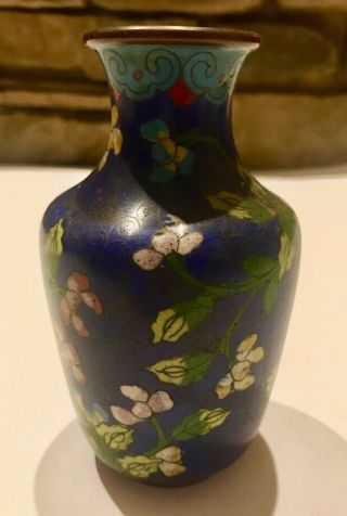 Vintage Chinese Colorful Floral Cloisonne Vase 5 " Handmade Flowers Blue Indigo