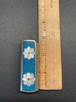 Vtg Western Lighter Holder - Silver Mop Turquoise Flower Floral Cover Case For Bic