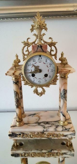 Antique French 8 Day Bell Strike Cream Marble Portico Mantle Clock