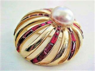 Vintage Red Rhinestone And Faux Pearl Boucher Pin / Brooch