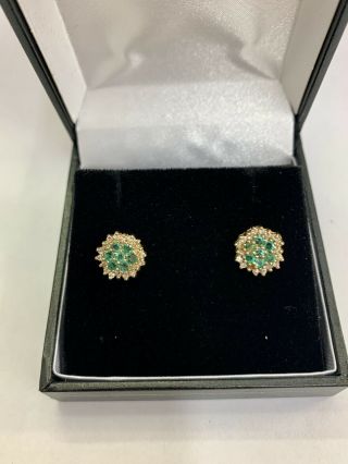 Antique Art Deco 9ct Yellow Gold Emerald And Diamond Earrings Cluster