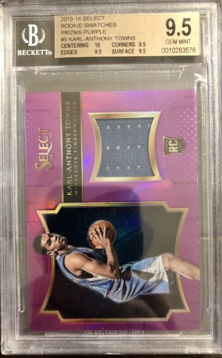 2015 - 16 Karl - Anthony Towns Select Rookie Swatches Purple Prizm /99 Rc Bgs 9.  5