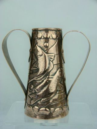 A Fine Newlyn Copper Twin Handled Vase With Fish,  Seaweed And Bubble Decoration