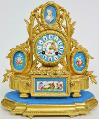 Antique French 8 Day Gilt Metal & 5 Blue Sevres Porcelain Ornate Mantle Clock