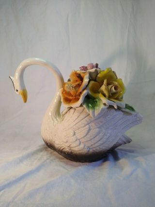 Large Capodimonte Swan Centerpiece With Flowers 11 X 7 X 8.  5 " Italy Vintage