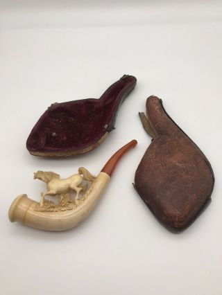 Antique Meerschaum Horse Pipe With Amber Stem