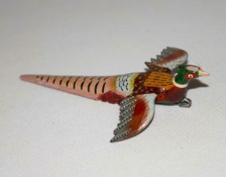 Vintage Hand Painted Carved Wood Pheasant Bird Pin Brooch 3 1/4 " Long