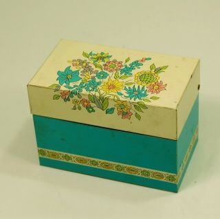 Ohio Art Vintage Tin Metal Recipes Box Blue Robin Egg Color W/ Flowers