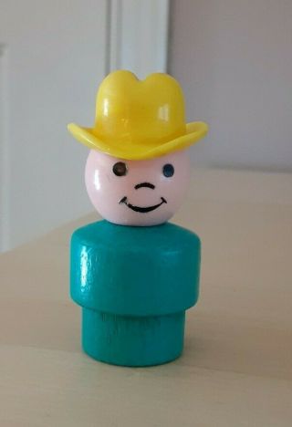 Vintage Fisher Price Little People Wood Turquoise Blue Farmer Boy/cowboy W/hat