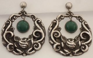 Big Vintage Mexican Sterling Silver Repousse Green Onyx Rose Flower Earrings