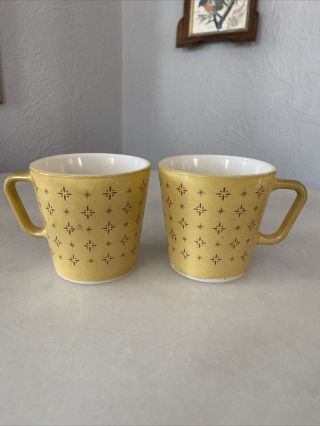 Vintage Pyrex 1410 Yellow Foulard 10oz Milk Glass Coffee Cup Mug - Set Of 2