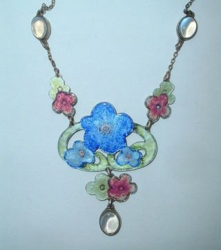 Antique Art Nouveau Crafts Silver Enamel Flower Moonstone Pendant Necklace