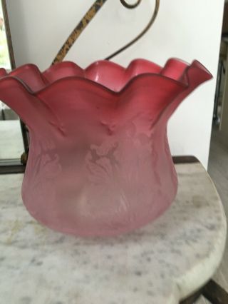 A Victorian Cranberry Ruffle Top Oil Lamp Shade,  Matt Acid Etched