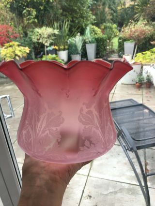 a victorian cranberry ruffle top oil lamp shade,  matt acid etched 4