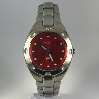 Vintage Fossil Blue Mens Am - 3315 Red Dial Stainless Silver Bracelet Wristwatch