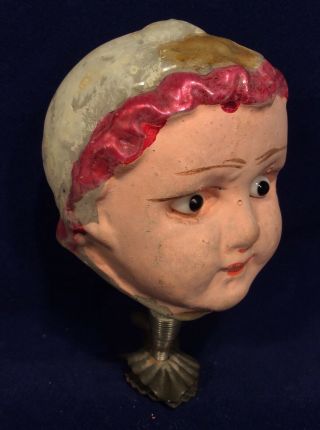 Antique German Girl Face With Glass Eyes Christmas Ornament On Clip