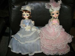 2 Vintage Bradley Big Eye Stockinette Dolls 12 Inch Tall With Stands