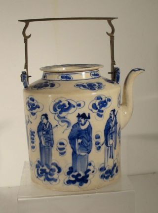 Antique Chinese Underglaze Blue and White Soft Pace Teapot Immortals Scholars 3