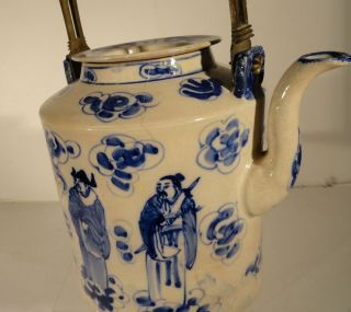 Antique Chinese Underglaze Blue and White Soft Pace Teapot Immortals Scholars 5