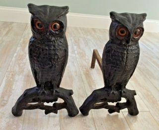 Antique Pair Cast Iron Signed Ecb&r Co.  Owl Andirons Amber Glass Eyes That Glow