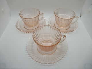 Vintage Pink Clear Depression Glass Set Of 3 Cups And Saucers Set - Cups 2 1/2 " H