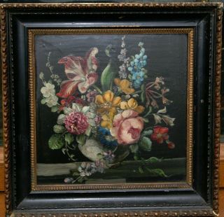 19/th Cen.  Dutch School Still Life Study Flowers In A Bowl Antique Oil Painting