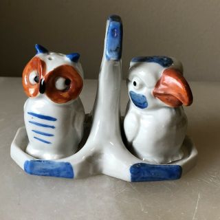 Vintage Bird & Owl Salt And Pepper Shaker With Stand Made In Germany
