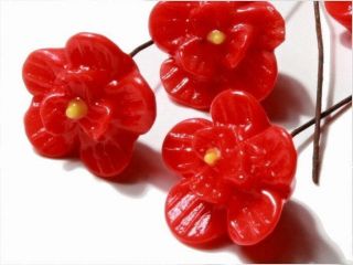 (10) Vintage Czech Lampwork Glass Red Flower Headpin Earring Brooch Beads 15mm