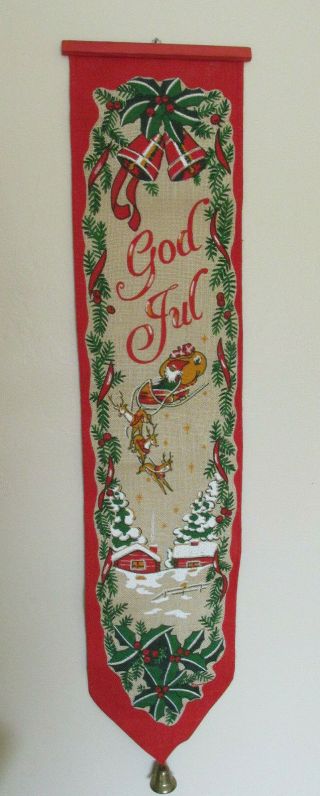 Vintage Swedish " God Jul " Burlap Linen Christmas Wall Door Hanging