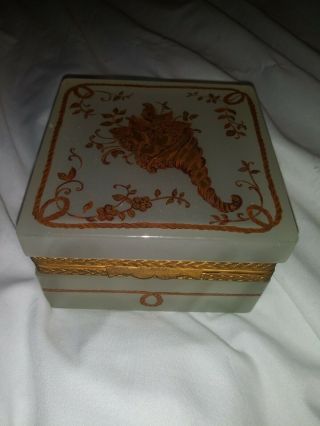 Antique French Opaline Hinged Glass Casket Box Ormolu Gilt Painting