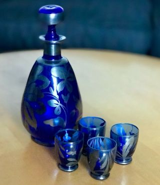 Antique Cobalt Blue Glass W Silver Overlay Decanter & 4 Cordial Set Vntg Barware