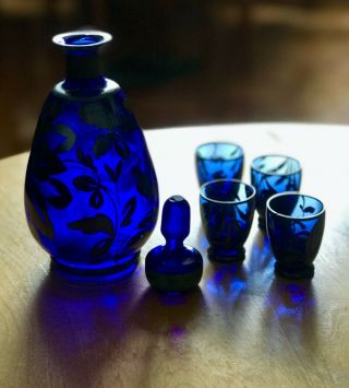 Antique COBALT BLUE GLASS w SILVER OVERLAY DECANTER & 4 Cordial Set Vntg Barware 2